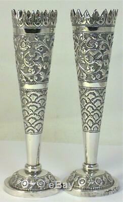 Pair of Vintage Sterling Silver Bud / Posy Vases (Indian Kutch Style) 5.3