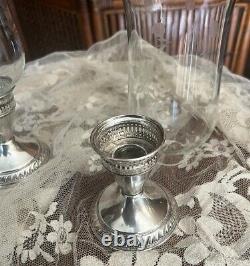 Pair of Vintage Sterling Silver Candlesticks with Etched Glass Candleholder