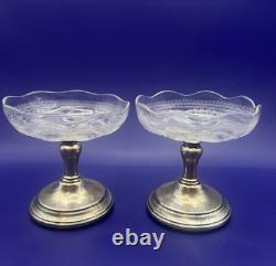 Pair of Vintage Sterling Silver & Etched Glass Compote Dishes