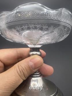 Pair of Vintage Sterling Silver & Etched Glass Compote Dishes