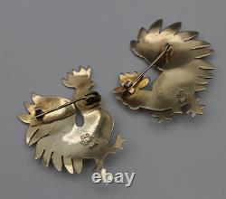 Pair of Vintage Sterling Silver Gold Plate Roosters Brooch Pins Old Cuzco 925