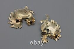 Pair of Vintage Sterling Silver Gold Plate Roosters Brooch Pins Old Cuzco 925