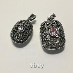 Pair of Vintage Sterling Silver Lockets Pink CZ Stones & Marcasites