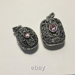 Pair of Vintage Sterling Silver Lockets Pink CZ Stones & Marcasites