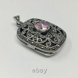 Pair of Vintage Sterling Silver Lockets Pink CZ Stones & Marcasites