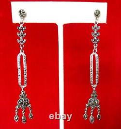 Pair of Vintage Sterling Silver & Marcasite 3-Inch Earrings/Hippie/Boho