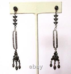 Pair of Vintage Sterling Silver & Marcasite 3-Inch Earrings/Hippie/Boho