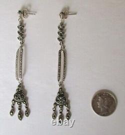 Pair of Vintage Sterling Silver & Marcasite 3-Inch Earrings/Hippie/Boho