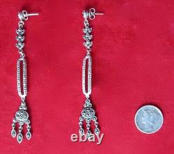 Pair of Vintage Sterling Silver & Marcasite 3-Inch Earrings/Hippie/Boho