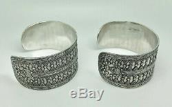 Pair of Vintage Sterling Silver Middle Eastern Tribal Wide Bangle Cuff Bracelets