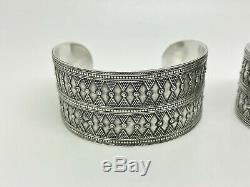 Pair of Vintage Sterling Silver Middle Eastern Tribal Wide Bangle Cuff Bracelets