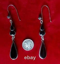 Pair of Vintage Sterling Silver & Onyx 3-Inch Drop/Dangle Earrings