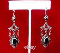 Pair of Vintage Sterling Silver-Onyx- Marcasite Drop/Dangle Earrings