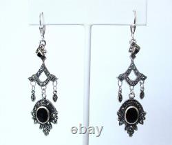 Pair of Vintage Sterling Silver-Onyx- Marcasite Drop/Dangle Earrings