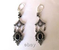 Pair of Vintage Sterling Silver-Onyx- Marcasite Drop/Dangle Earrings