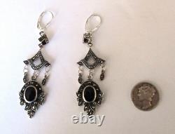 Pair of Vintage Sterling Silver-Onyx- Marcasite Drop/Dangle Earrings