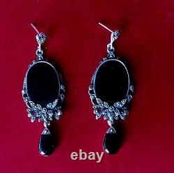 Pair of Vintage Sterling Silver Onyx Marcasite Earrings