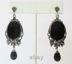 Pair of Vintage Sterling Silver Onyx Marcasite Earrings