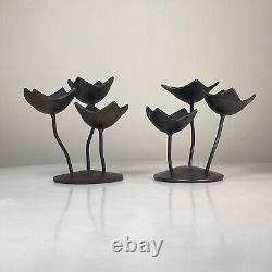 Pair of Vintage Unique Flower Tulip Design Iron Metal Hand Forged Candle Holders