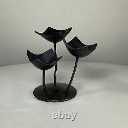 Pair of Vintage Unique Flower Tulip Design Iron Metal Hand Forged Candle Holders