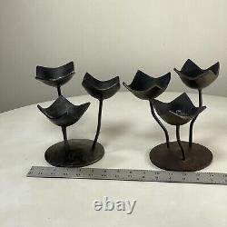 Pair of Vintage Unique Flower Tulip Design Iron Metal Hand Forged Candle Holders