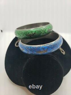 Pair of Vtg Siam 925 Sterling Silver Green & Blue Enamel Hinged Bangle Bracelet