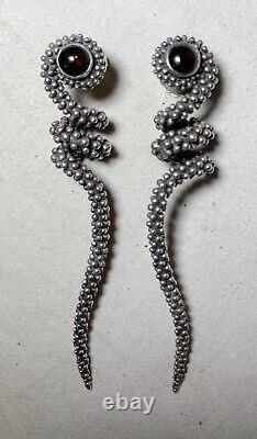 Pair of large vintage solid sterling silver red garnet stone drop snake earrings