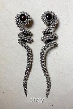 Pair of large vintage solid sterling silver red garnet stone drop snake earrings