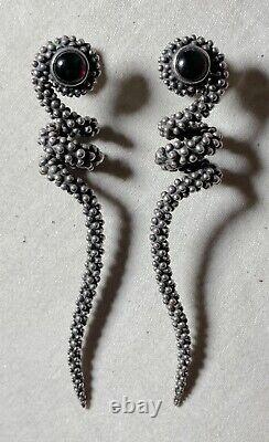 Pair of large vintage solid sterling silver red garnet stone drop snake earrings