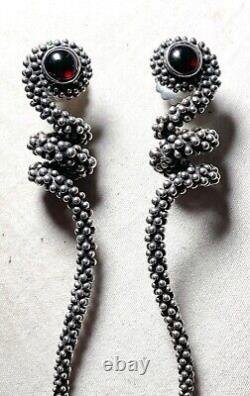 Pair of large vintage solid sterling silver red garnet stone drop snake earrings