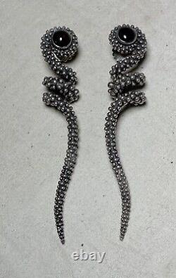 Pair of large vintage solid sterling silver red garnet stone drop snake earrings