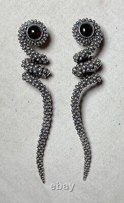 Pair of large vintage solid sterling silver red garnet stone drop snake earrings