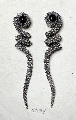 Pair of large vintage solid sterling silver red garnet stone drop snake earrings