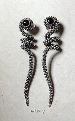 Pair of large vintage solid sterling silver red garnet stone drop snake earrings
