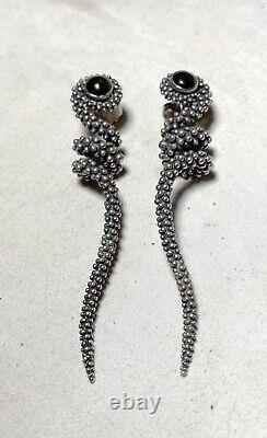 Pair of large vintage solid sterling silver red garnet stone drop snake earrings