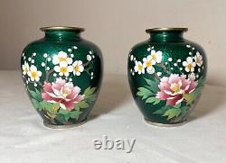 Pair of mini antique vintage Japanese enamel cloisonné vase bronze silver flower