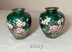 Pair of mini antique vintage Japanese enamel cloisonné vase bronze silver flower