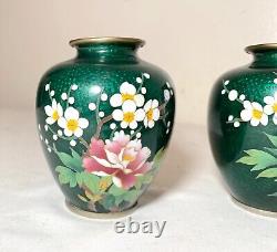 Pair of mini antique vintage Japanese enamel cloisonné vase bronze silver flower