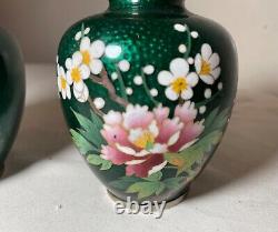 Pair of mini antique vintage Japanese enamel cloisonné vase bronze silver flower