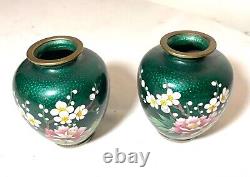 Pair of mini antique vintage Japanese enamel cloisonné vase bronze silver flower