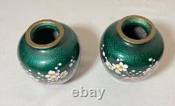 Pair of mini antique vintage Japanese enamel cloisonné vase bronze silver flower