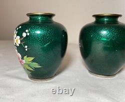 Pair of mini antique vintage Japanese enamel cloisonné vase bronze silver flower