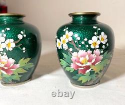 Pair of mini antique vintage Japanese enamel cloisonné vase bronze silver flower