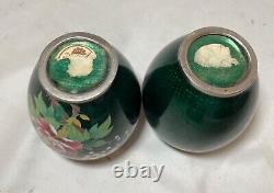 Pair of mini antique vintage Japanese enamel cloisonné vase bronze silver flower