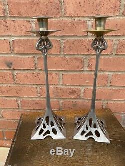 Pair of vintage Jugendstil/Art Nouveau style silvered brass candlesticks