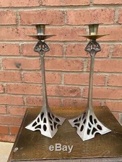 Pair of vintage Jugendstil/Art Nouveau style silvered brass candlesticks