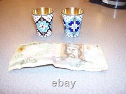 Pair of vintage Russian silver 916 enameled vodka cups / shot glasses READ