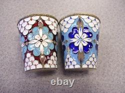 Pair of vintage Russian silver 916 enameled vodka cups / shot glasses READ