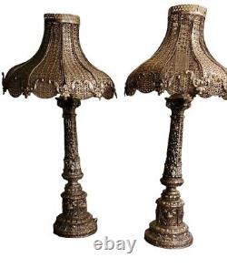 Pair of wonderful vintage silver ornate metal lamps with metal shades 31 tall