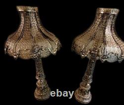 Pair of wonderful vintage silver ornate metal lamps with metal shades 31 tall